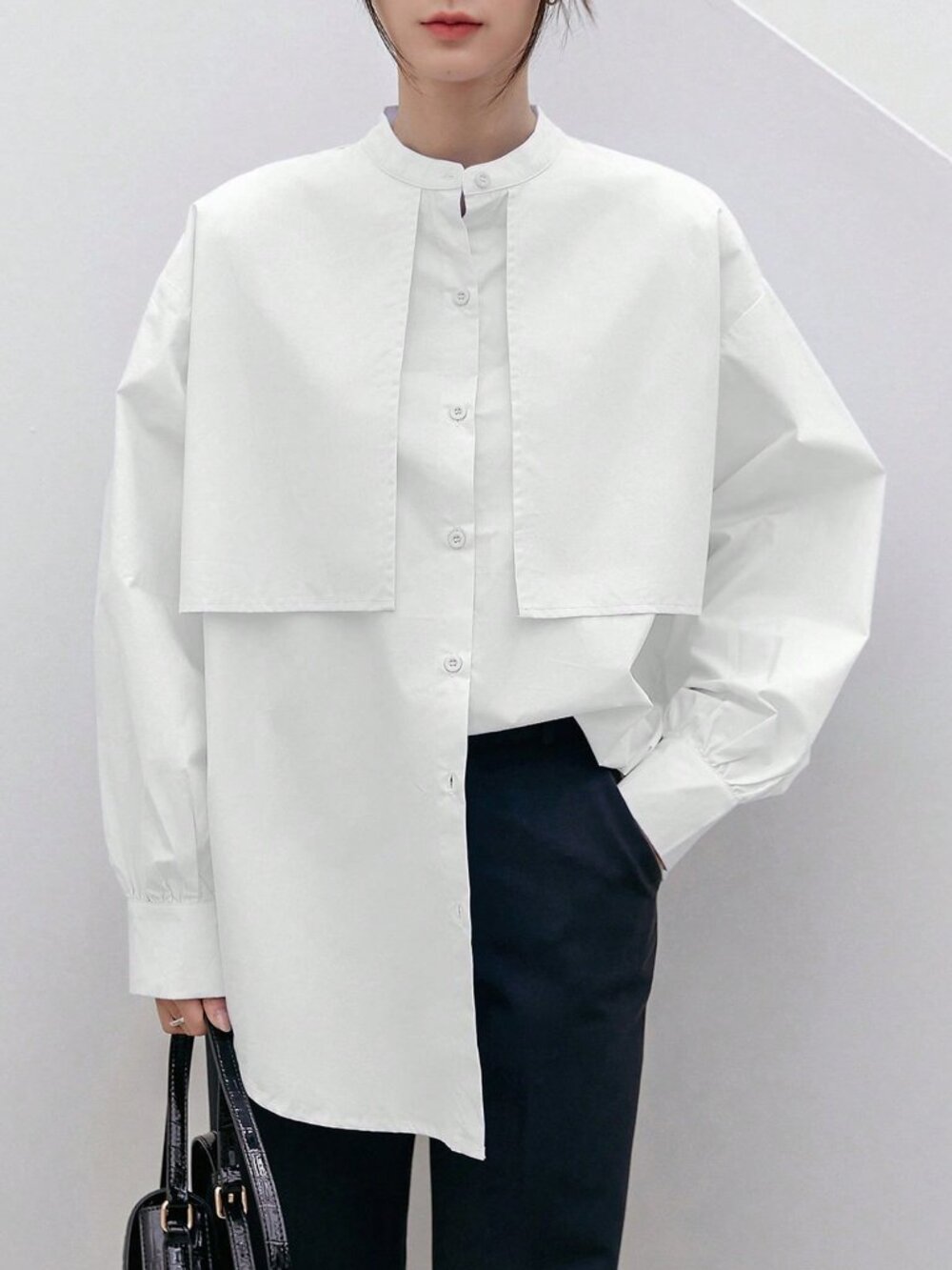 White Casual Oversized Drop Shoulder Button Stand Collar Long Sleeve Shirt - Picture 2 of 12